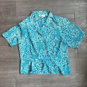 Vintage 80s Nordstrom Silk Abstract Floral Geometric Print Collared Blouse Sz L